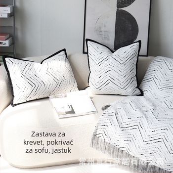 Nordijski stil, crno-bijeli uzorak riblje kosti na kraju kreveta, deka za kauč i jastučnica