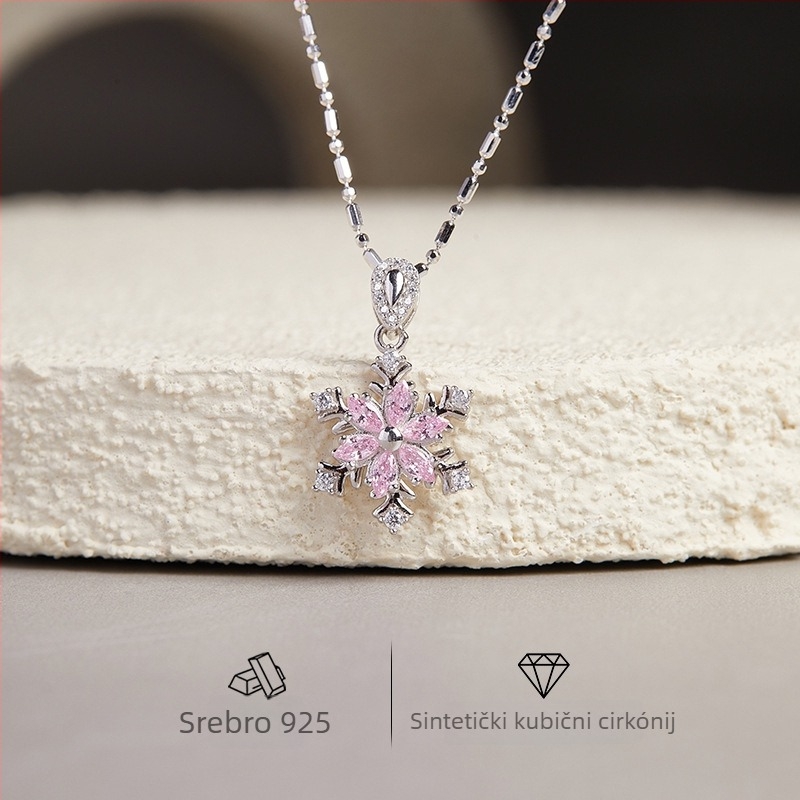 Ogrlica od 925 srebra s rotirajućom pahuljom i cirkonima, standardni lanac, opseg 41–50 cm, Instagram stil, jesen 2025