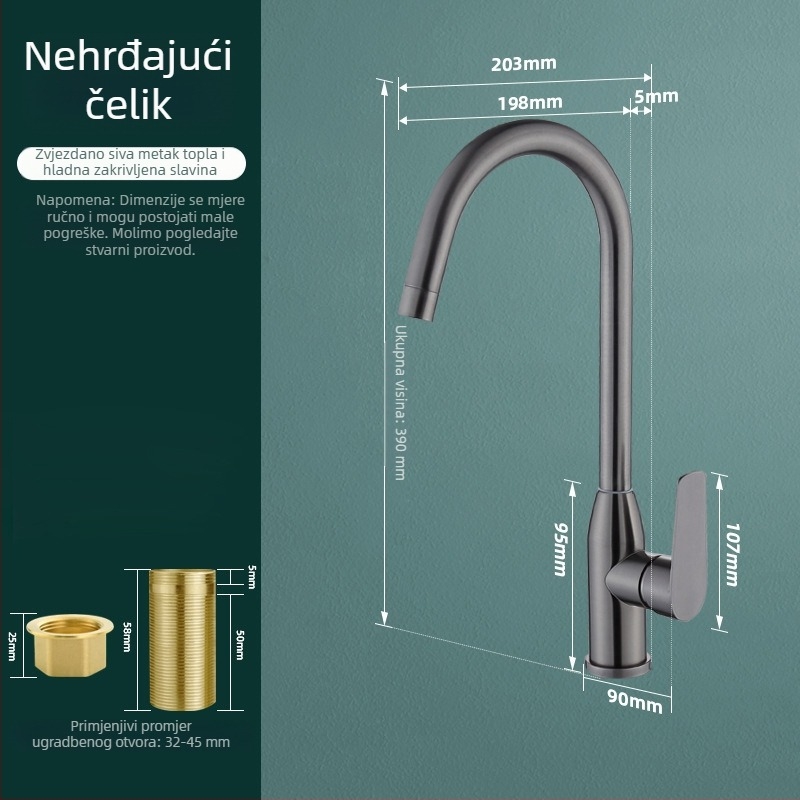 Kuhinjski slavina od nehrđajućeg čelika 304, okretna izljevka, keramički ventil, miješalica za sudoperu