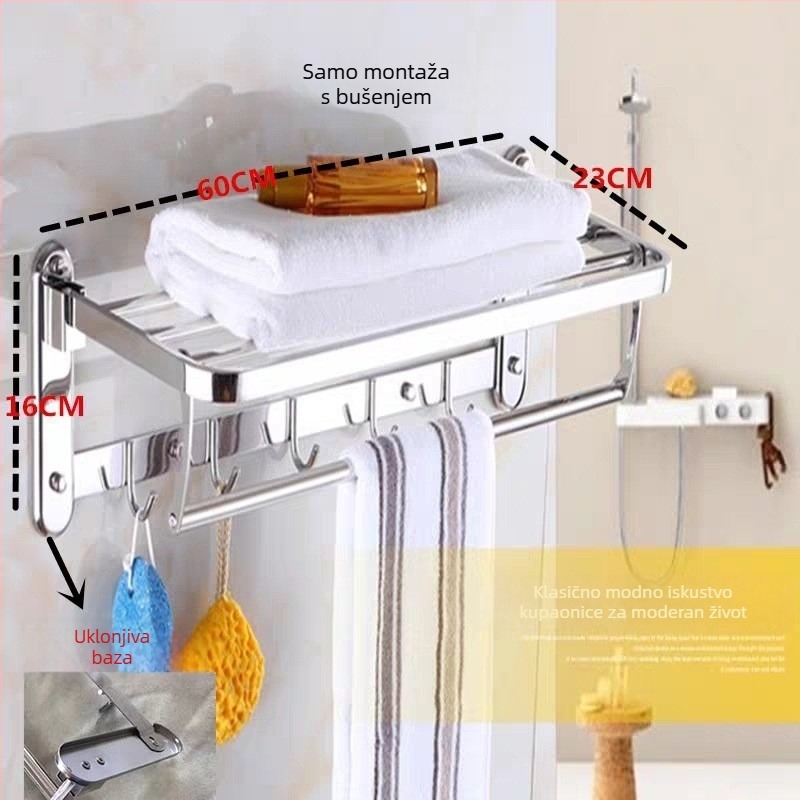 Zidni stalak za ručnike, 1 sloj, od nehrđajućeg čelika 304, bez bušenja, nosivost preko 10 lb