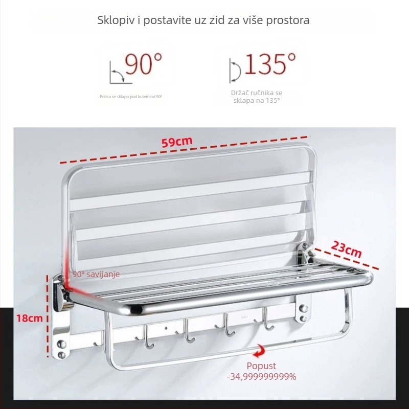 Zidni stalak za ručnike, 1 sloj, od nehrđajućeg čelika 304, bez bušenja, nosivost preko 10 lb