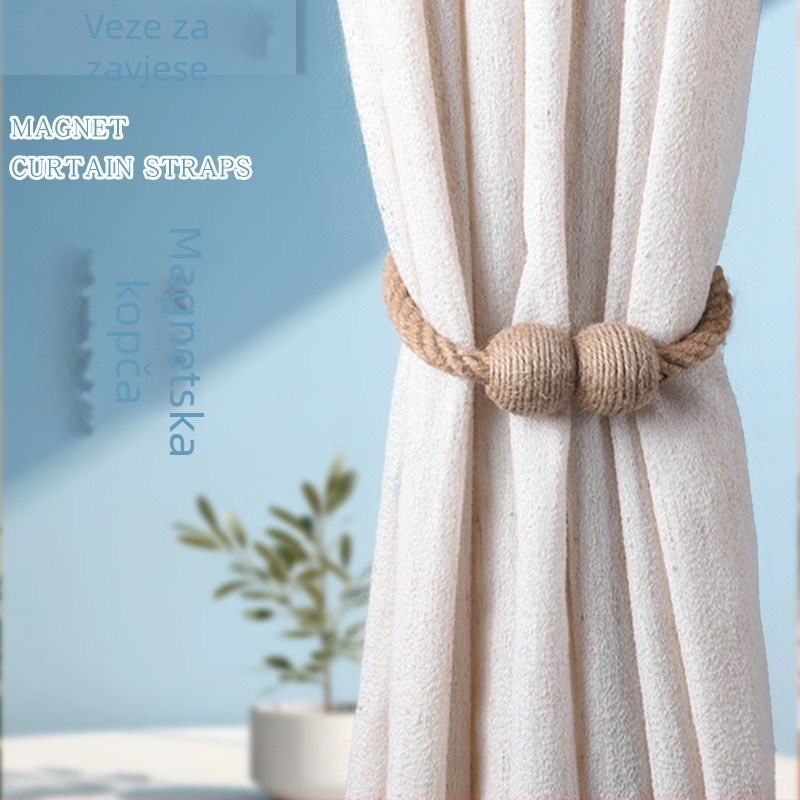 Ručni pojas za zavjese od konopne užadi i drveta s magnetskim kopčama — moderan minimalistički dodatak prozoru, prilagodljiv