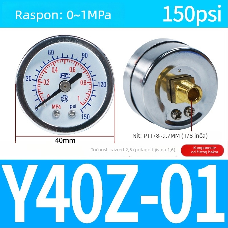 Tlakomjer zraka s točnošću, nominalni promjer 40 mm, raspon 0-1, točnost razred 1.6, model Y40-01, NGS