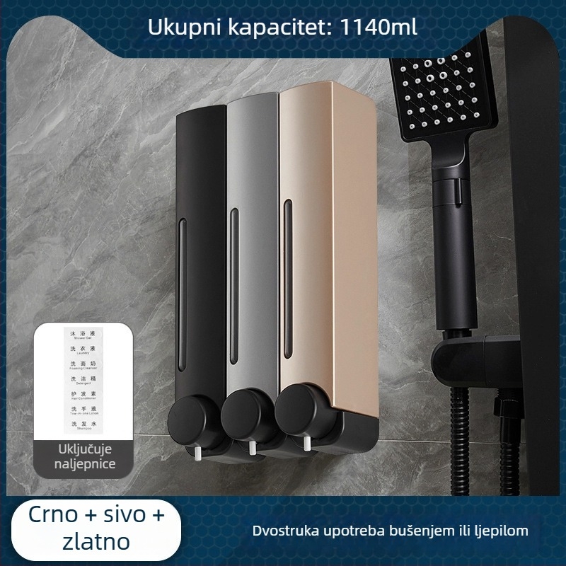 Zidni dozator sapuna bez bušenja, ručna aktivacija pritiskom, ABS materijal, oksidirani završni sloj, moderni minimalistički stil