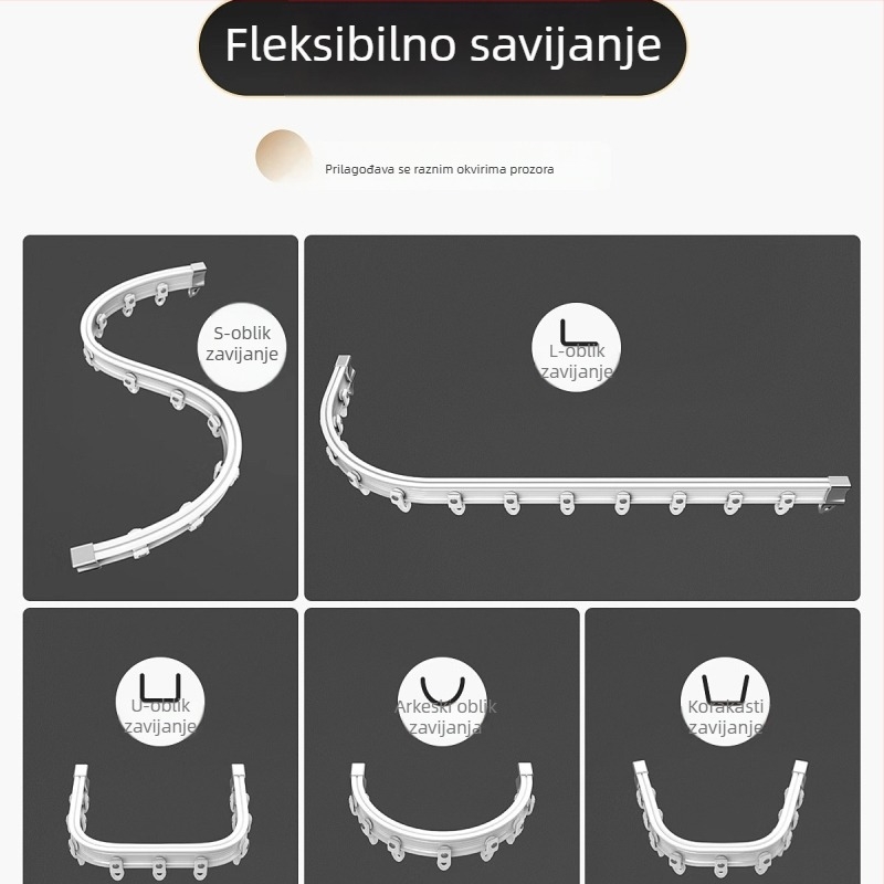Fleksibilna šina za zavjese s fiksnim nosačima za U-oblik prozor i L-oblik šipke za zavjese, gornja montaža