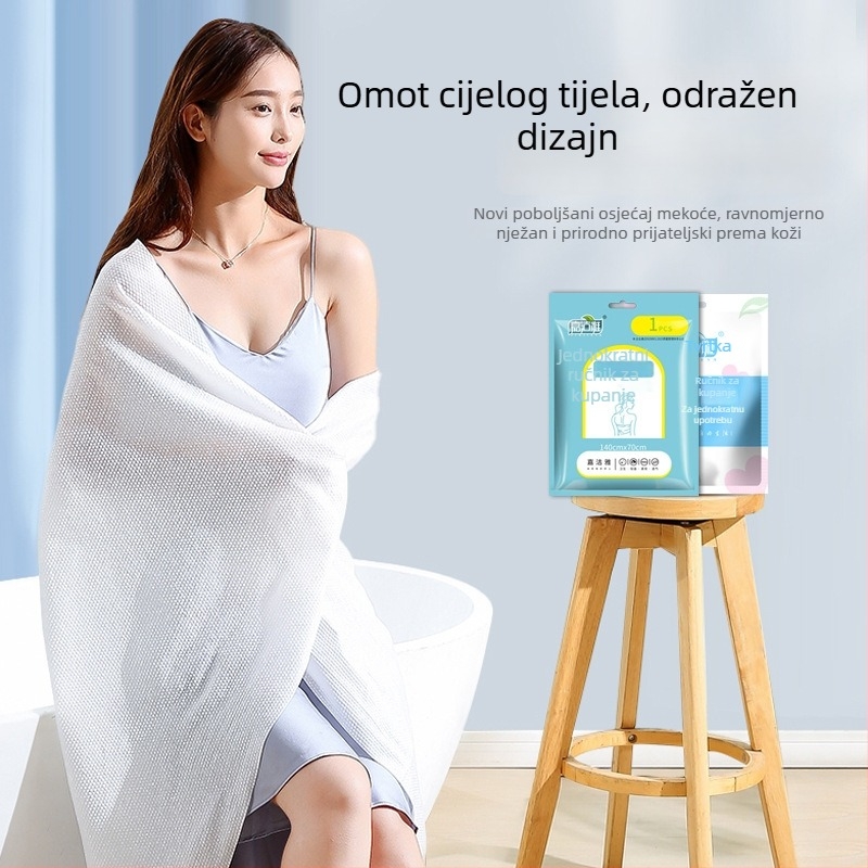 Jednokratni putni set: individualno pakiran ručnik za kupanje, mekan i upijajući, netkano materijalo, pamuk kao glavni sastojak, obična tkanina, jednokratna upotreba
