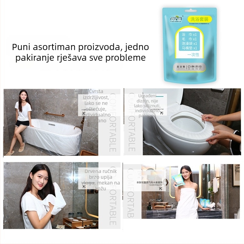 Jednokratni putni set: individualno pakiran ručnik za kupanje, mekan i upijajući, netkano materijalo, pamuk kao glavni sastojak, obična tkanina, jednokratna upotreba