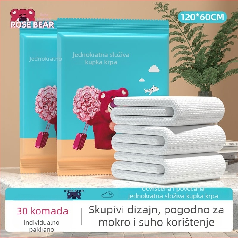 Jednokratne debeli ručnici za kupaonu u velikom paketu, za hotele, bed & breakfast i salone ljepote; materijal: drvena vlakna; glavne sastojke: mulberry svila; apsorpcija 0–5 s; dvostruka upotreba – suho/mokro