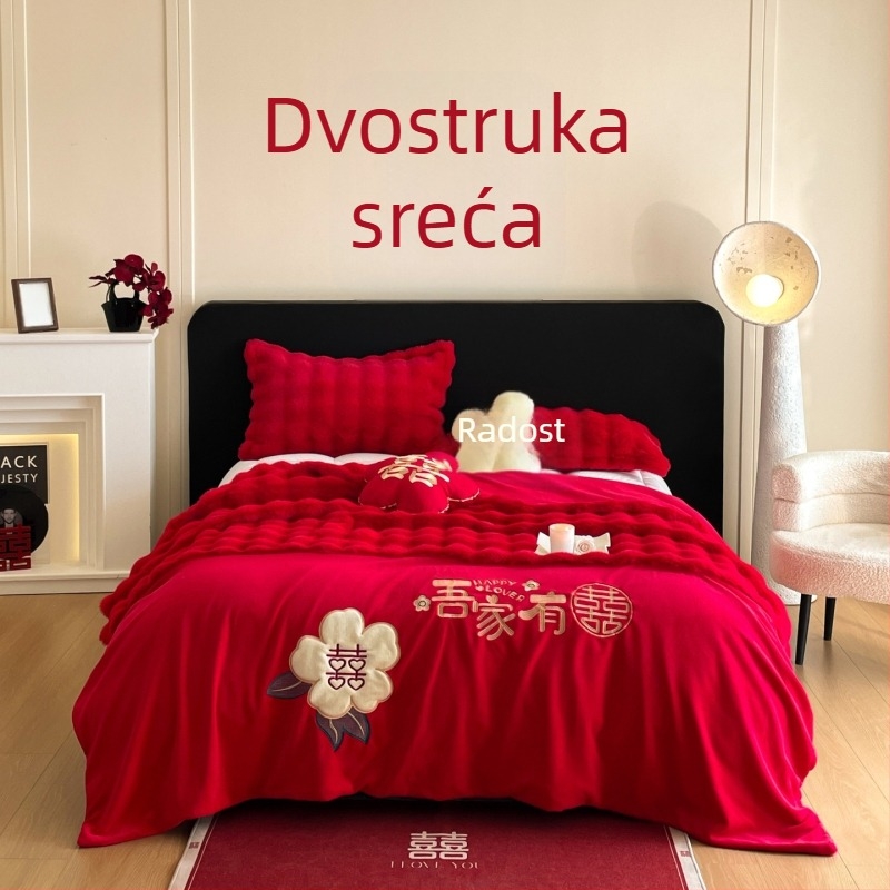 Crvena svadbena deka od mliječne velure za nevjestu, dar mladencima, svečani pokrivač za kauč