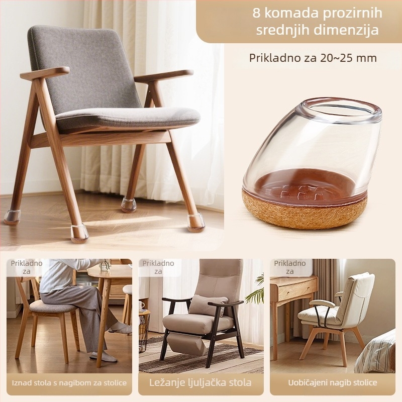 Navlaka za noge stola i stolice – okrugla, od TPE-a + netkane tkanine, tiha i otporna na habanje, moderan minimalistički stil, pogodna za naslonjačke stolice s nagibom 15–20°.