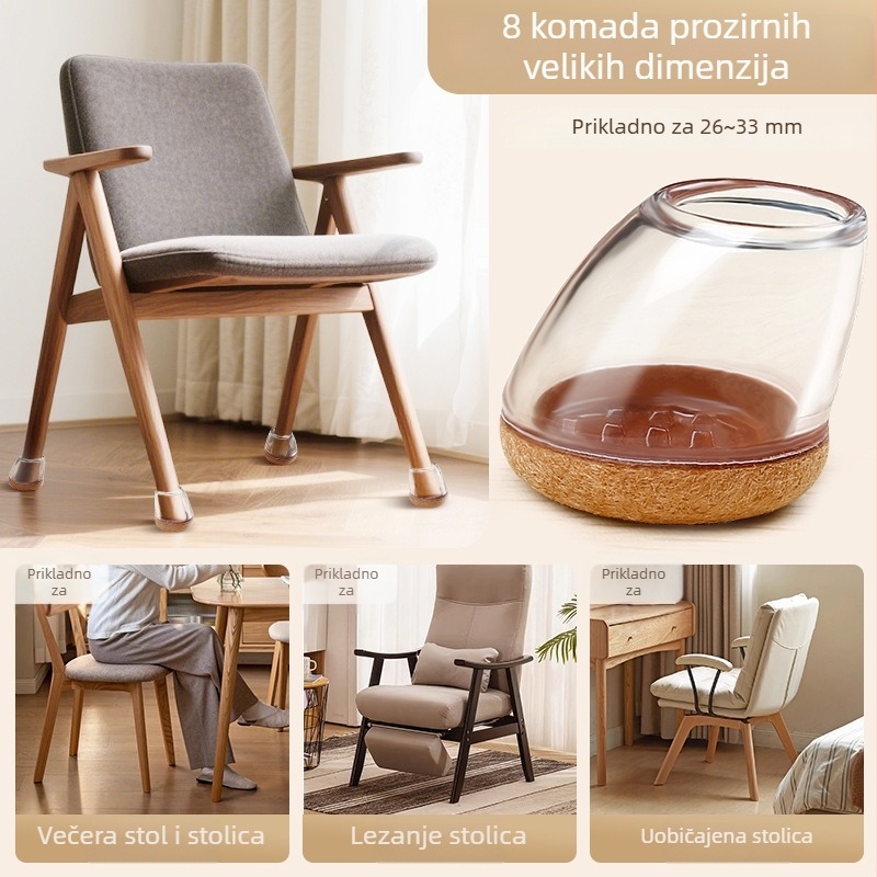 Navlaka za noge stola i stolice – okrugla, od TPE-a + netkane tkanine, tiha i otporna na habanje, moderan minimalistički stil, pogodna za naslonjačke stolice s nagibom 15–20°.