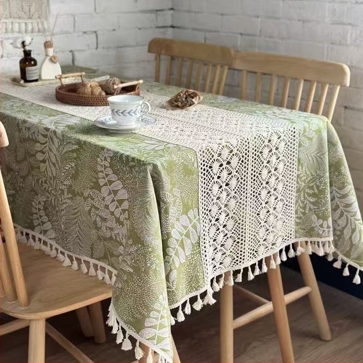 Stolnjak od pamuka i lana s čipkastim uzorkom lišća šume i cvijeća, pravokutni, za stol za kavu i bočni balkon stol, vintage pastoral stil, izrađeno po narudžbi