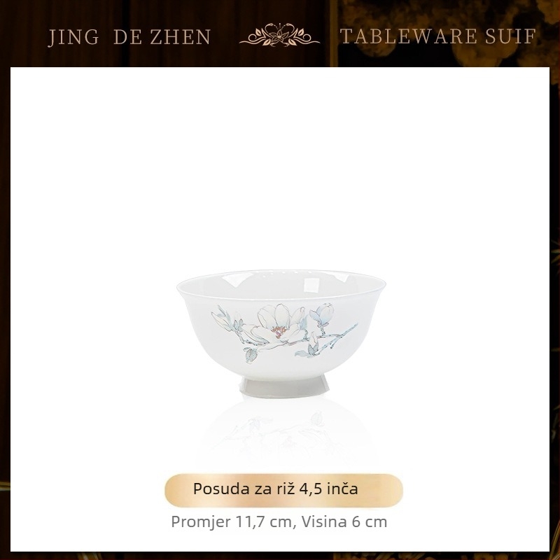 Set posuđa od kostne porcelana – zdjele i tanjuri, podglazurni uzorak s biljnim motivom, moderan jednostavan stil, mikrovalna kompatibilnost, mogućnost tiskanja logotipa