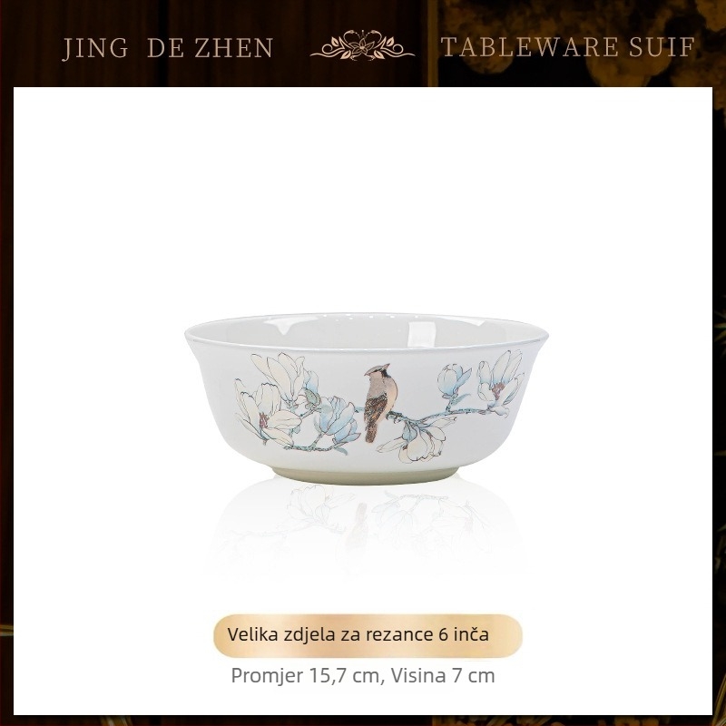 Set posuđa od kostne porcelana – zdjele i tanjuri, podglazurni uzorak s biljnim motivom, moderan jednostavan stil, mikrovalna kompatibilnost, mogućnost tiskanja logotipa