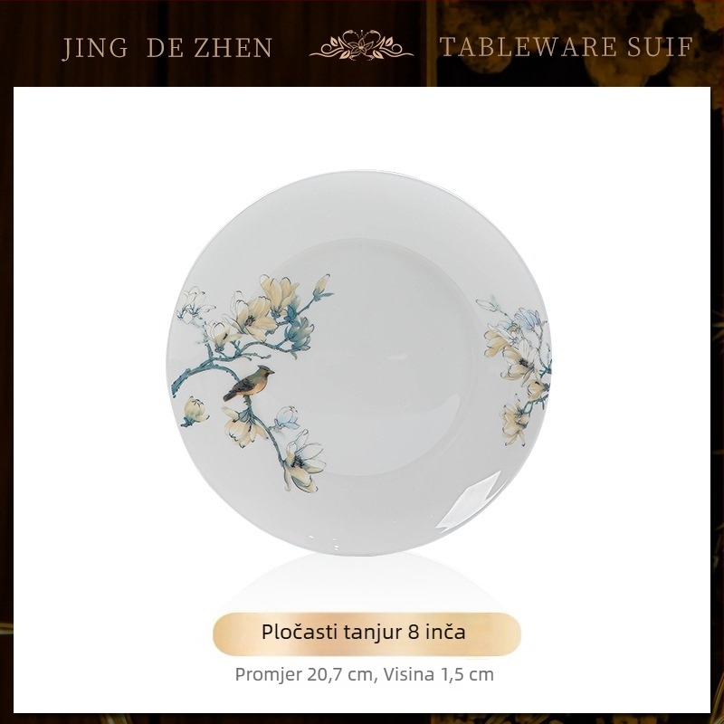Set posuđa od kostne porcelana – zdjele i tanjuri, podglazurni uzorak s biljnim motivom, moderan jednostavan stil, mikrovalna kompatibilnost, mogućnost tiskanja logotipa