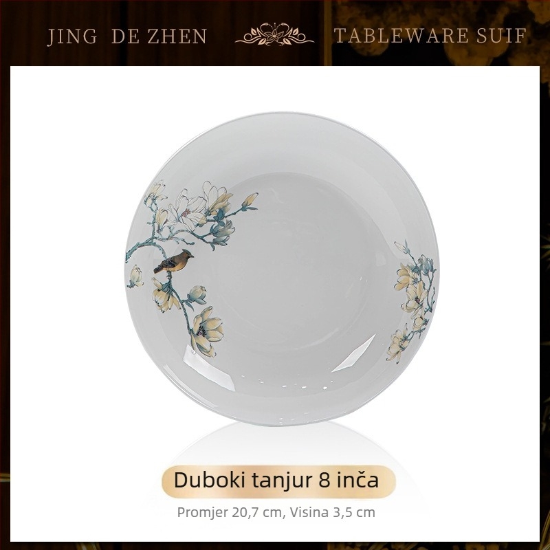 Set posuđa od kostne porcelana – zdjele i tanjuri, podglazurni uzorak s biljnim motivom, moderan jednostavan stil, mikrovalna kompatibilnost, mogućnost tiskanja logotipa