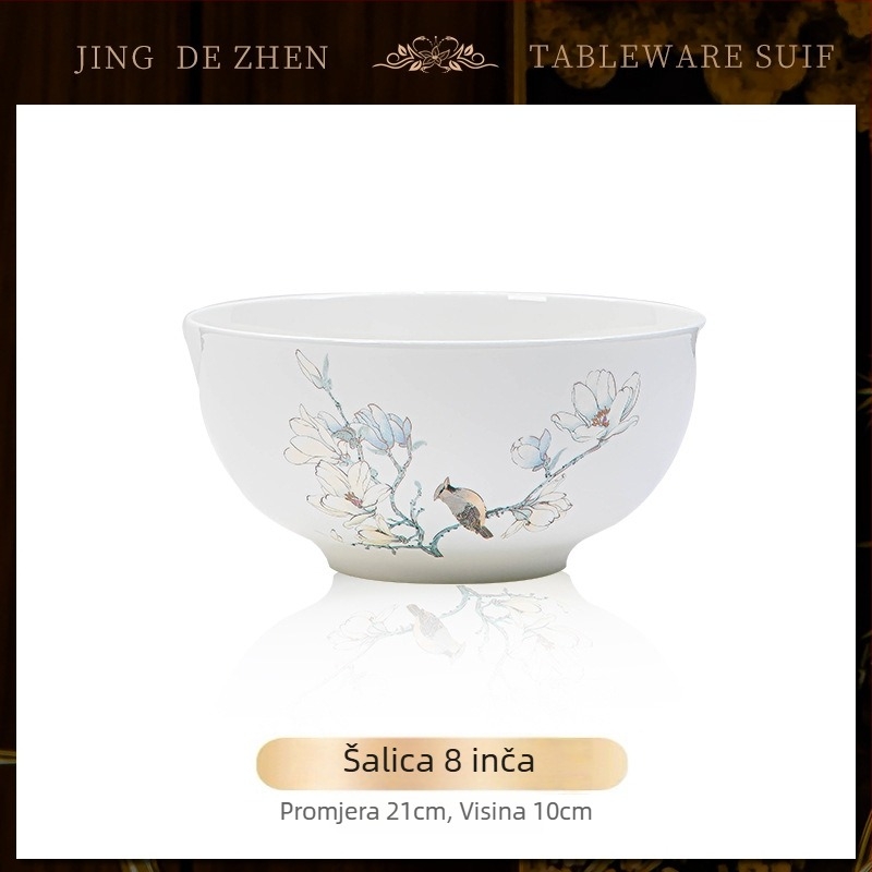 Set posuđa od kostne porcelana – zdjele i tanjuri, podglazurni uzorak s biljnim motivom, moderan jednostavan stil, mikrovalna kompatibilnost, mogućnost tiskanja logotipa