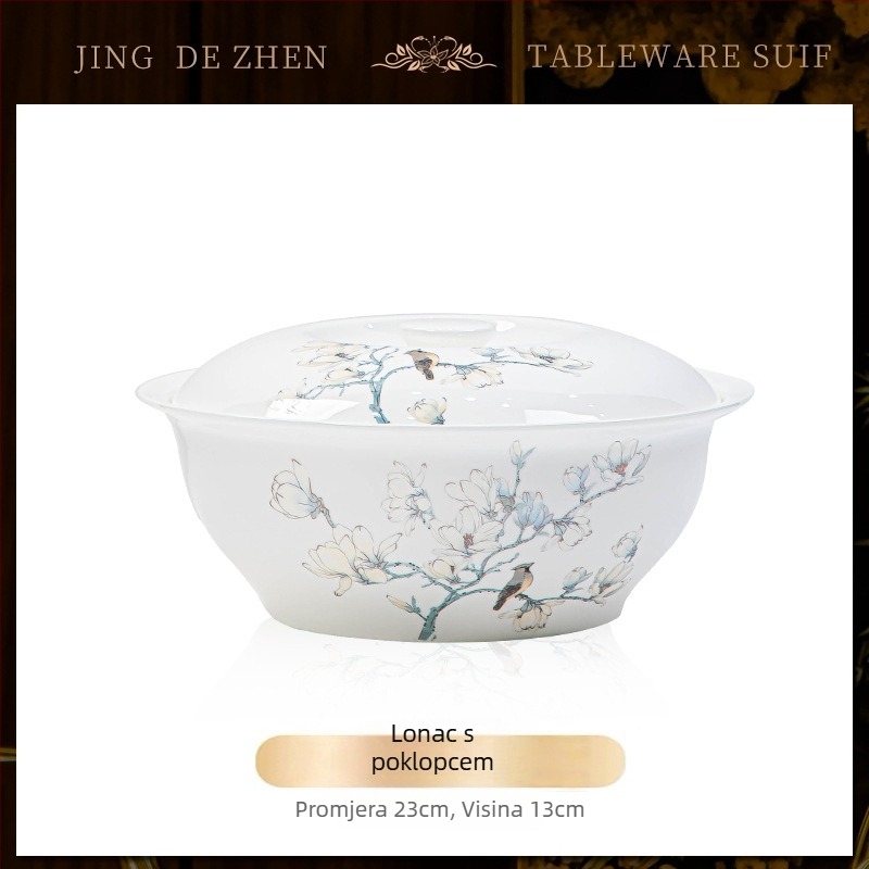 Set posuđa od kostne porcelana – zdjele i tanjuri, podglazurni uzorak s biljnim motivom, moderan jednostavan stil, mikrovalna kompatibilnost, mogućnost tiskanja logotipa