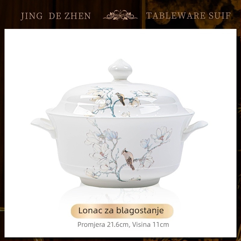 Set posuđa od kostne porcelana – zdjele i tanjuri, podglazurni uzorak s biljnim motivom, moderan jednostavan stil, mikrovalna kompatibilnost, mogućnost tiskanja logotipa