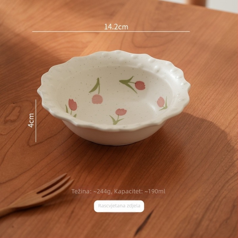Duboka porcelanska ploča s motivom tulipana, nepravilnog oblika, nordijskog stila, pogodna za mikrovalnu pećnicu