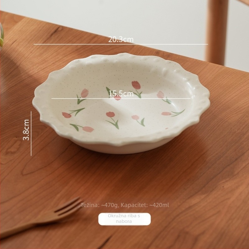 Duboka porcelanska ploča s motivom tulipana, nepravilnog oblika, nordijskog stila, pogodna za mikrovalnu pećnicu