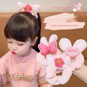 Gumica za kosu s cvijetom i mašnicom - pliš materijal, ručna izrada, korejski stil, visoka elastičnost