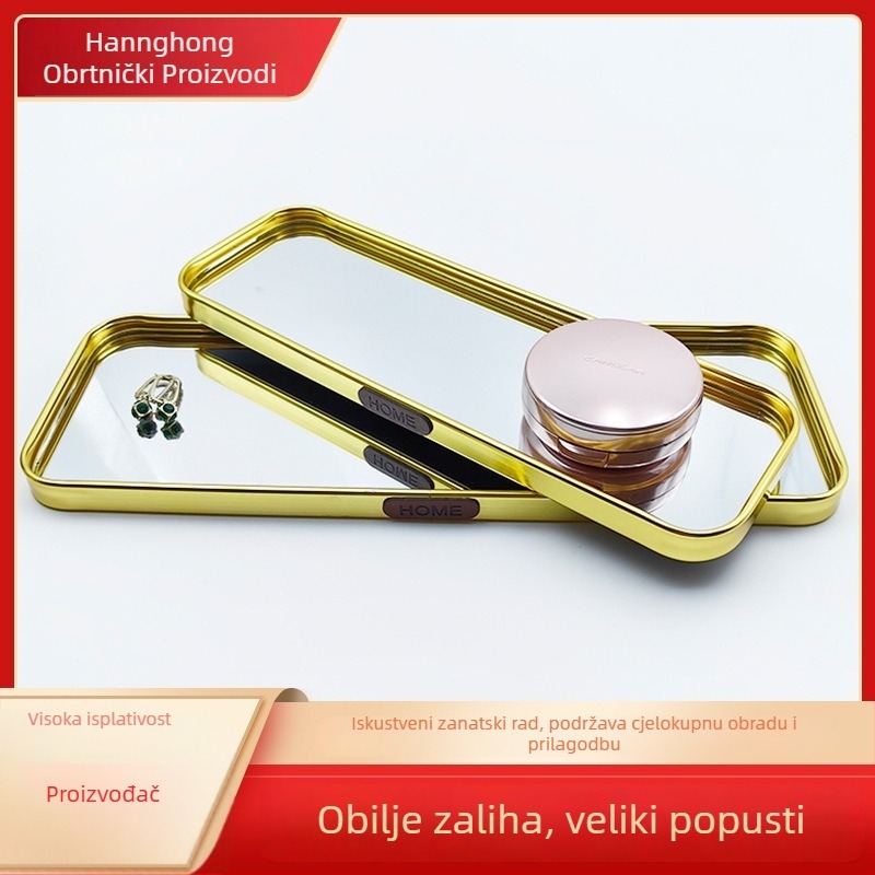 Luksuzni metalni poslužavnik s ogledalom, pravokutni viseći poslužavnik za dnevni boravak, ručno izrađeno od aluminijske legure i stakla, dekor prostora