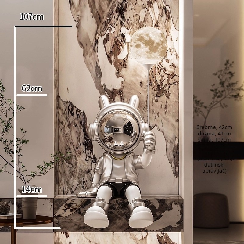 Smoljena karikatura astronauta, sjedeći, drži lampu; ručno oslikano, moderni minimalistički stil, posuda za novčiće