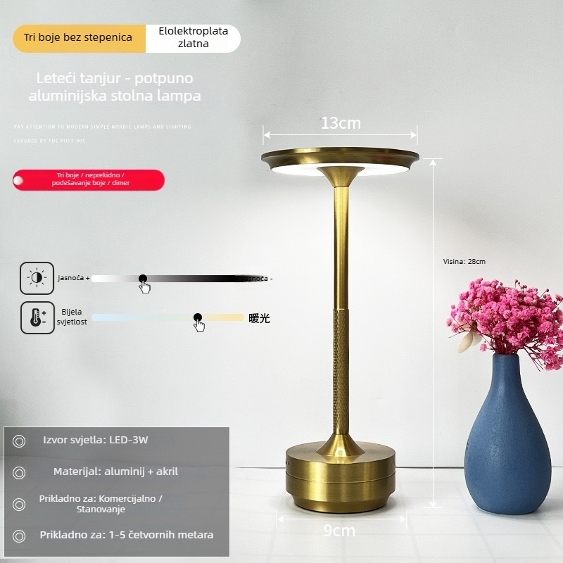 Stolna lampa s nordijskim ugođajem – čelični nosač, aluminijsko kućište, 5V, 3W, ručni regulator svjetla