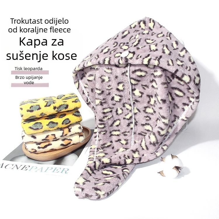 Kapa za kosu za tuširanje - Leopardov uzorak, mekana apsorpcijska Coral Fleece tkanina, Jacquard, 100–119 g, Anrou