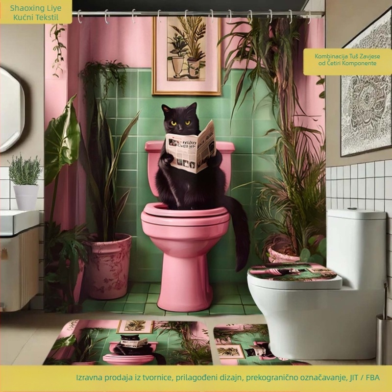 Set zavjesa za tuš od poliestera, vodootporan i otporan na plijesan, digitalni tisak; pravokutni kupaonski tepih; izbor uzoraka: pruge, mreža, morski pejzaž; perivo; prilagodljivo