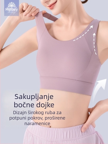 Sportski grudnjak s oblikovanim punim čašicama, fiksni dvostruki naramenici, stražnje kopčanje s dvostrukim redom kopči; integrirani dizajn potpore za trčanje; glavni materijal 75% najlon, podstava 25% elastan