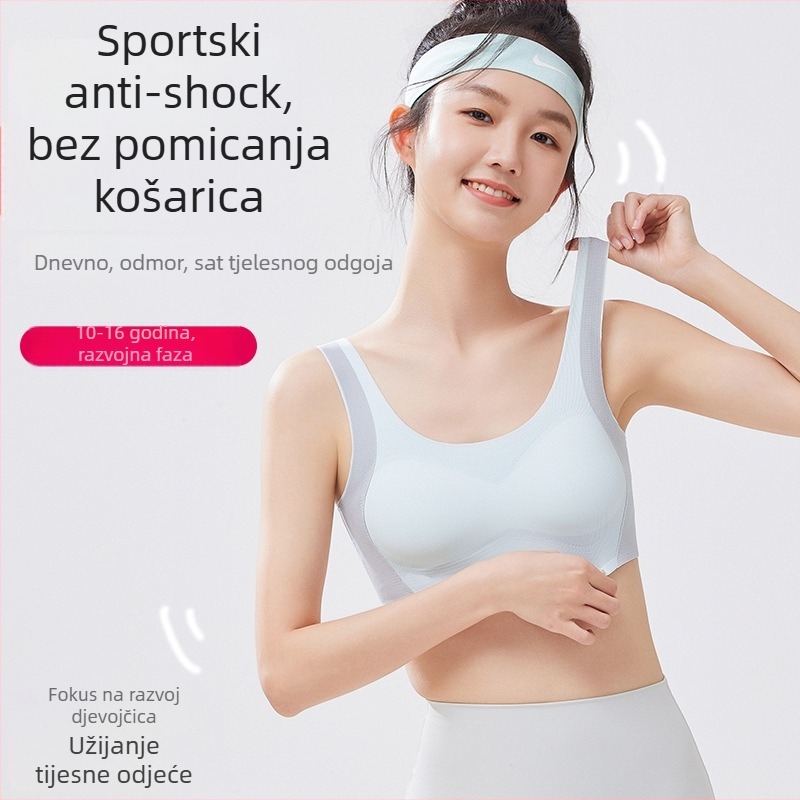 Sportski grudnjak-vest za tinejdžerice 12–15 godina, prozračni najlon, minimalistički dizajn, tanke oblikovane šalice s pamukom u podstavku, fiksne dvostruke naramenice