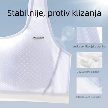 Sportski grudnjak za djevojčice 12–15 godina, najlon, stil prsluka, čvrste pune šalica, tanke oblikovane šalice od spužve, podstava od viskoze 80–90%, fiksni dvostruki naramenice, prozračan i udoban