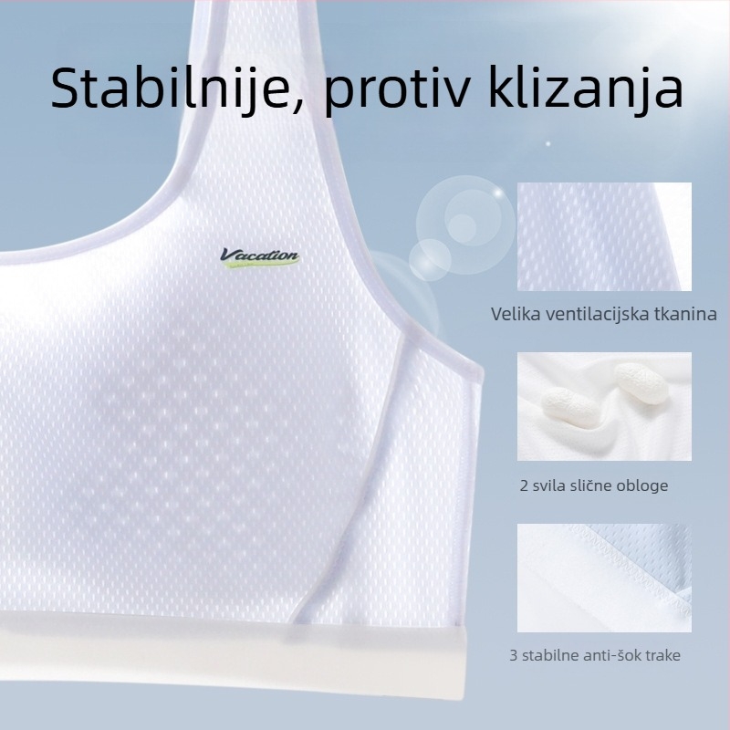 Sportski grudnjak za djevojčice 12–15 godina, najlon, stil prsluka, čvrste pune šalica, tanke oblikovane šalice od spužve, podstava od viskoze 80–90%, fiksni dvostruki naramenice, prozračan i udoban