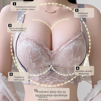 Čipkasti grudnjak bez žice s push-up podrškom - Košarica 3/4, Oblik košarice: tanak gore, debeo dolje, fiksne naramenice, stražnji pet redova kopči