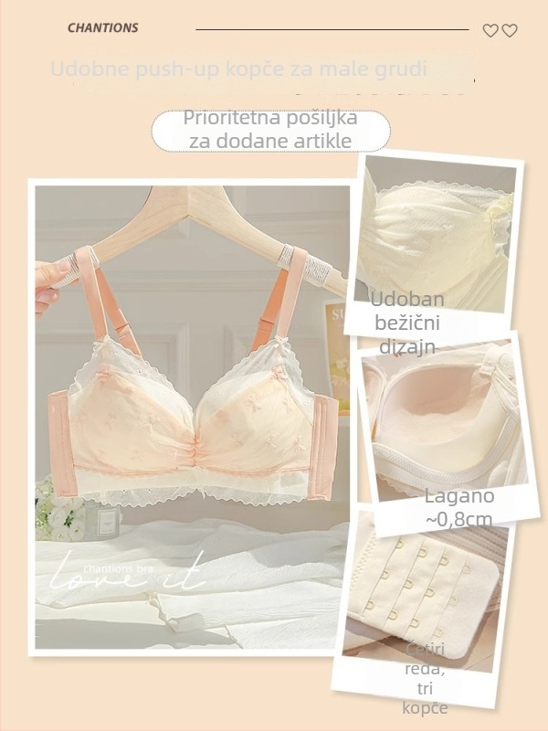 Ženski grudnjak bez žica, čipkan, koji skuplja i oblikuje manje grudi, podesive naramenice, košarica 3/4, za jesen i zimu