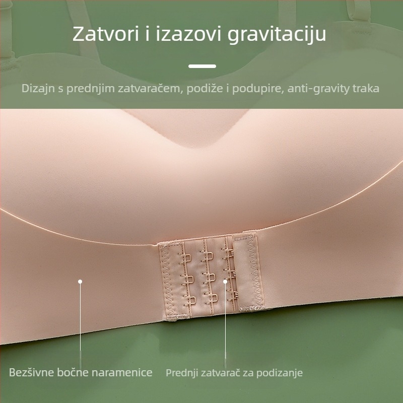 Bešavna grudnjica za žene — bez naramenica, nevidljiva ispod odjeće, prozračna i protiv klizanja; prednje kopčanje; odvojive dvostruke naramenice; tanke čašice s pjenastom punom; glavni materijal: najlon.