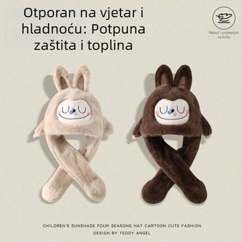 Dječja zimska kapa-šal u jednom, pliš materijal, pokretne uši, vjetrootpornost, za uzrast 4–6 godina.