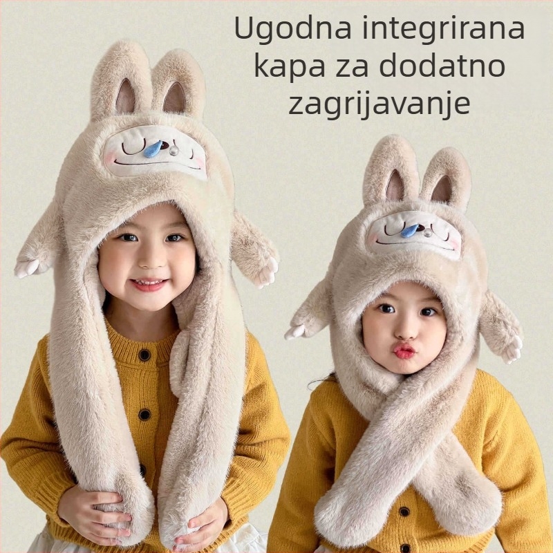 Dječja zimska kapa-šal u jednom, pliš materijal, pokretne uši, vjetrootpornost, za uzrast 4–6 godina.