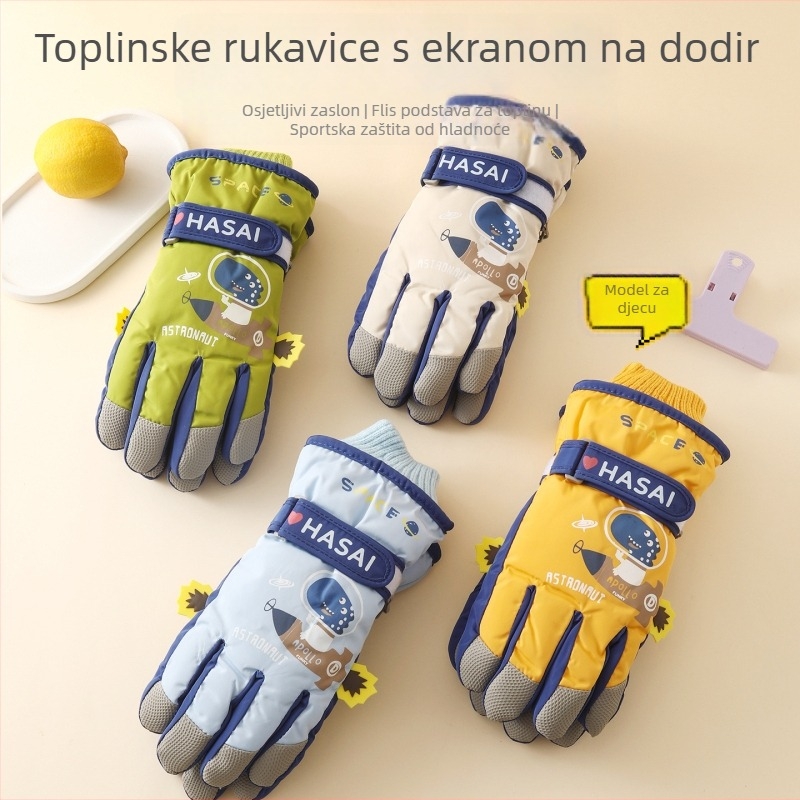 Dječje skijaške rukavice - fleece podstavom, protuklizne, kompatibilne s zaslonom osjetljivim na dodir, s podijeljenim prstima, za uzrast 7–12 godina