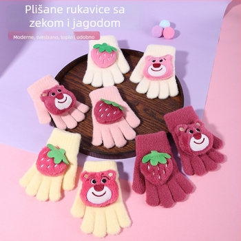 Dječje rukavice s dizajnom jagode i medvjeda, petprstne, cartoon stil, pletene, s flis podstavom, za djecu 4–8 godina, zima i proljeće