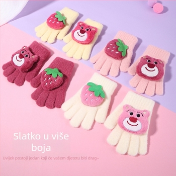 Dječje rukavice s dizajnom jagode i medvjeda, petprstne, cartoon stil, pletene, s flis podstavom, za djecu 4–8 godina, zima i proljeće