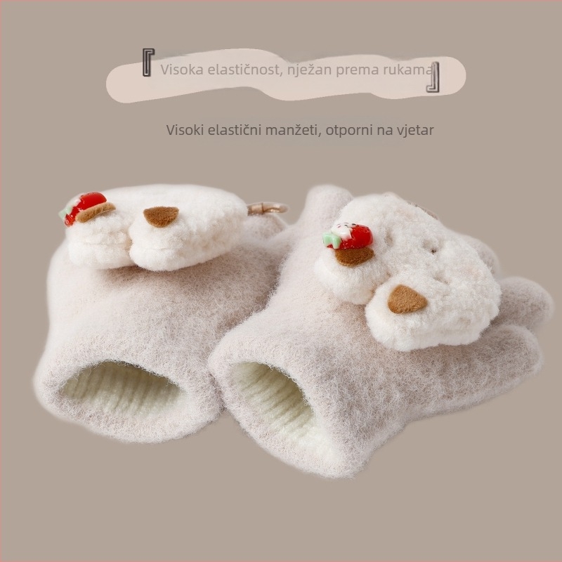 Rukavice s pet prstiju za djevojčice 3–8 godina, pletene, reljefne, crtani stil, drže toplinu, zima