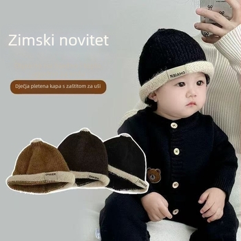 Pletena dječja kapa s rolanim rubom melon stil, boja blok, topla pliš jelena, jacquard pletenina, vjetrovita, zima 2025, uzrast 6–12 mj, 1–2 god, 2–4 god