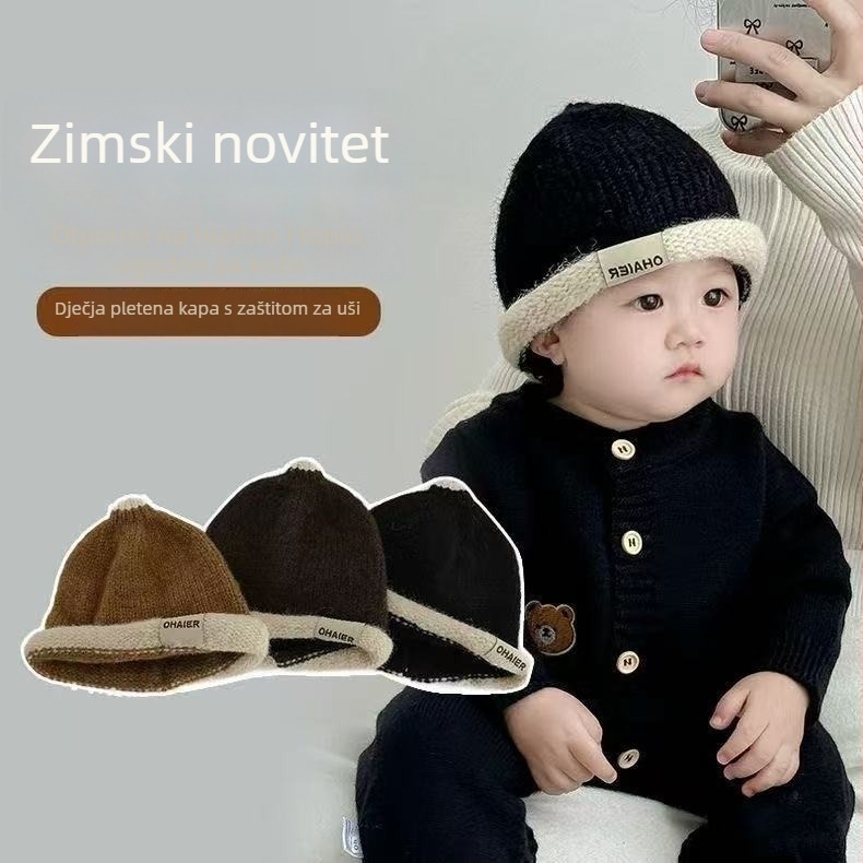 Pletena dječja kapa s rolanim rubom melon stil, boja blok, topla pliš jelena, jacquard pletenina, vjetrovita, zima 2025, uzrast 6–12 mj, 1–2 god, 2–4 god