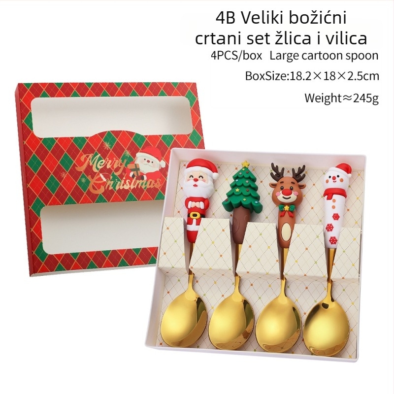 Set žlica i vilica od nehrđajućeg čelika za Božić – sladak karikaturni dizajn za djecu, poliran do zrcalnog sjaja