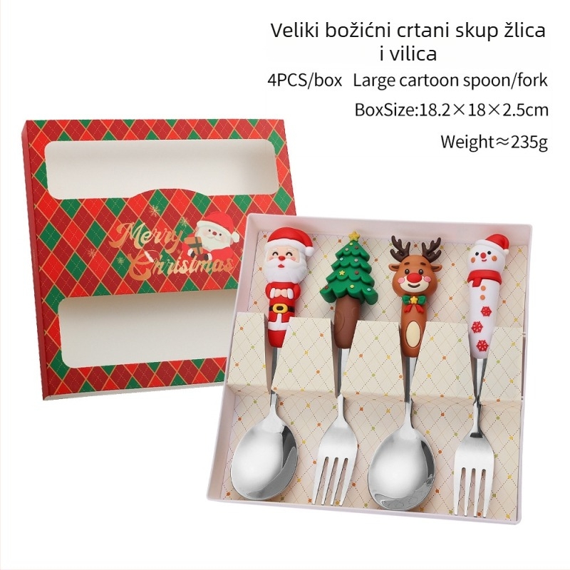 Set žlica i vilica od nehrđajućeg čelika za Božić – sladak karikaturni dizajn za djecu, poliran do zrcalnog sjaja