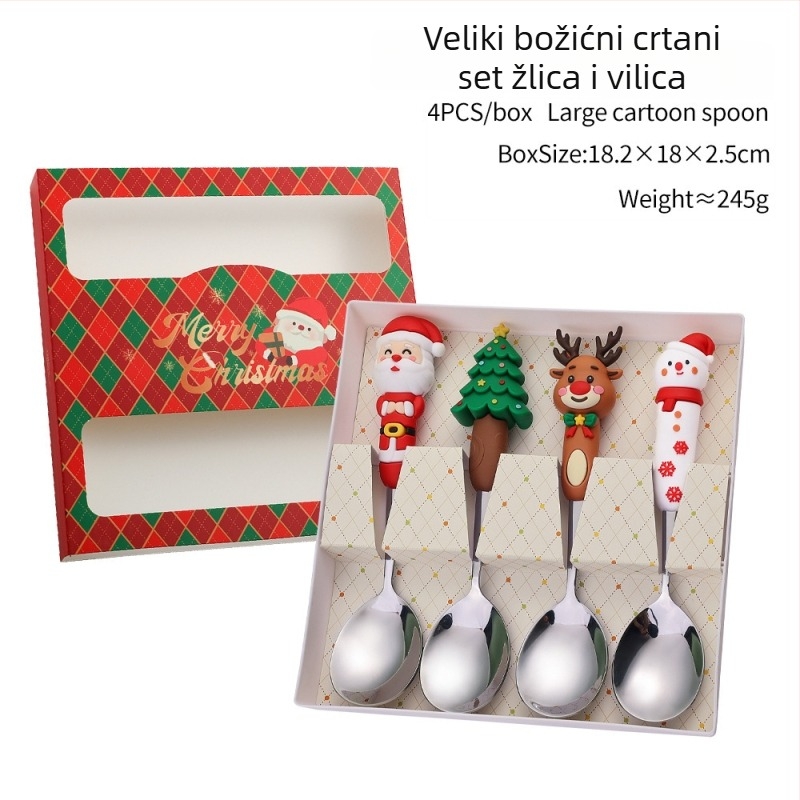Set žlica i vilica od nehrđajućeg čelika za Božić – sladak karikaturni dizajn za djecu, poliran do zrcalnog sjaja