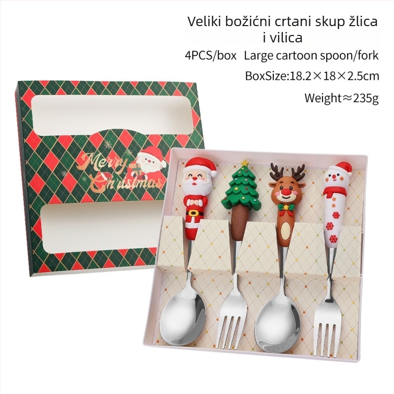 Set žlica i vilica od nehrđajućeg čelika za Božić – sladak karikaturni dizajn za djecu, poliran do zrcalnog sjaja